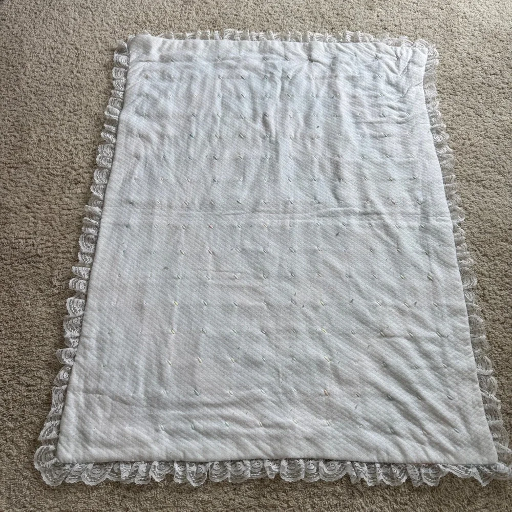 Handmade Pastel Patchwork Baby Quilt Lace Trim Yarn Ties Vintage Style Blanket